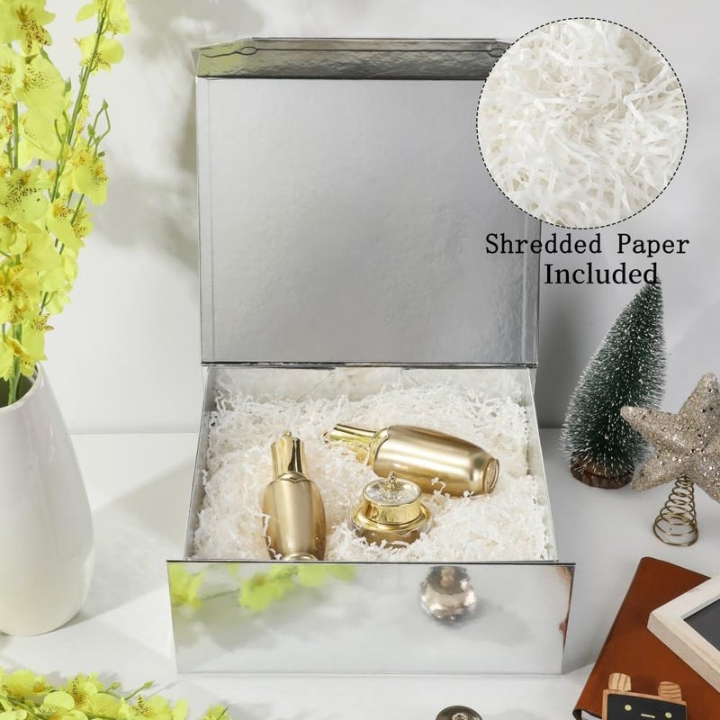 PACKGILO 6 Pcs Silver Gift Box Large 13x11x5.3 Inch Silver Large Gift Box with Crinkle Paper Magnetic Box with Shredded Paper Luxury Gift Boxes with Lids for Presents - Image 2